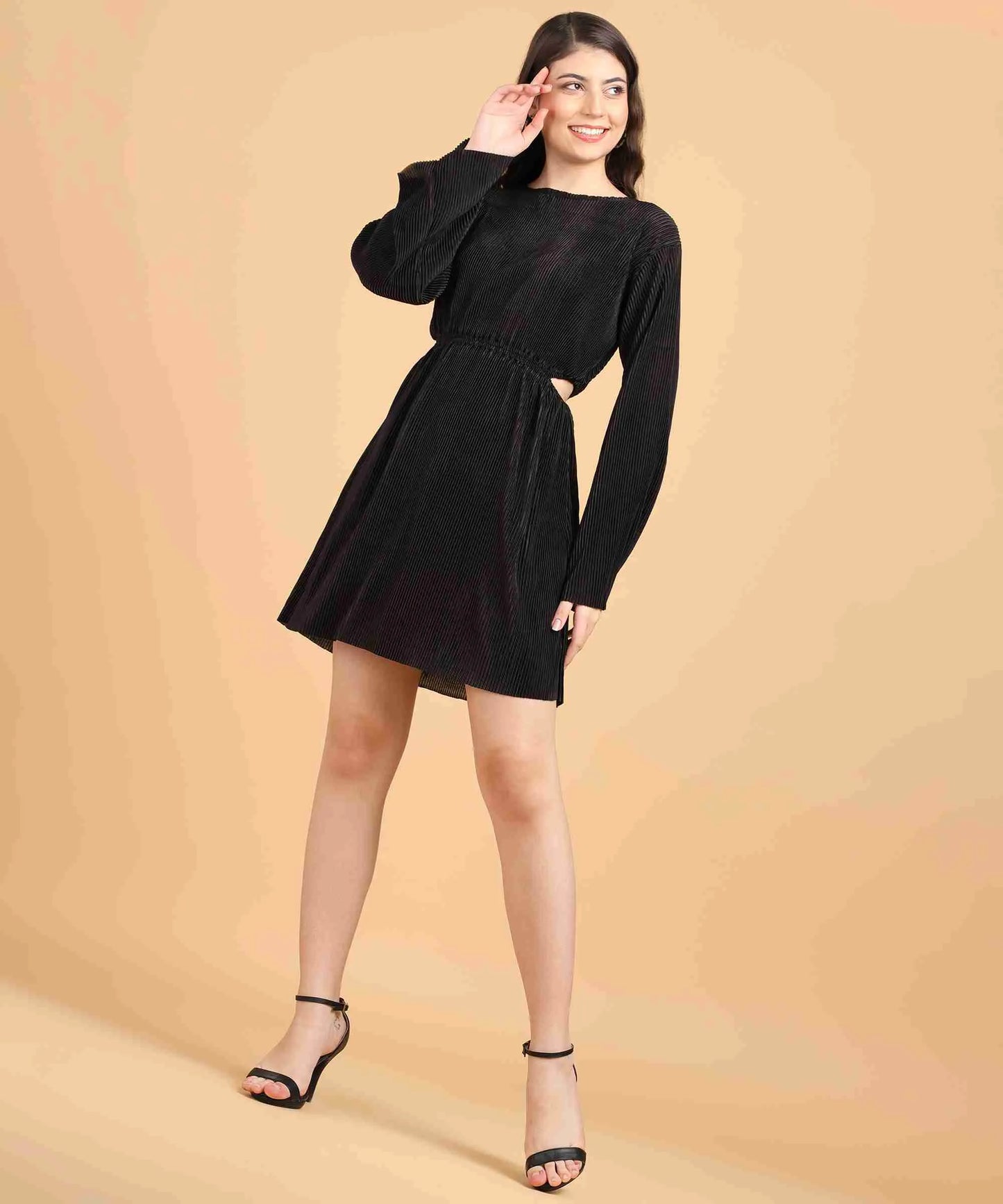 Black Wrinkle Cut Out Long Dress
