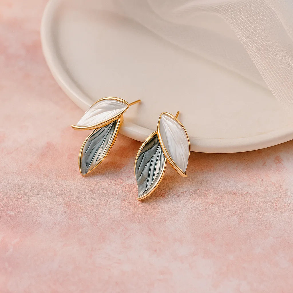 Rhodium-Plated Leaf Shaped Rhinestone Stud Earrings
