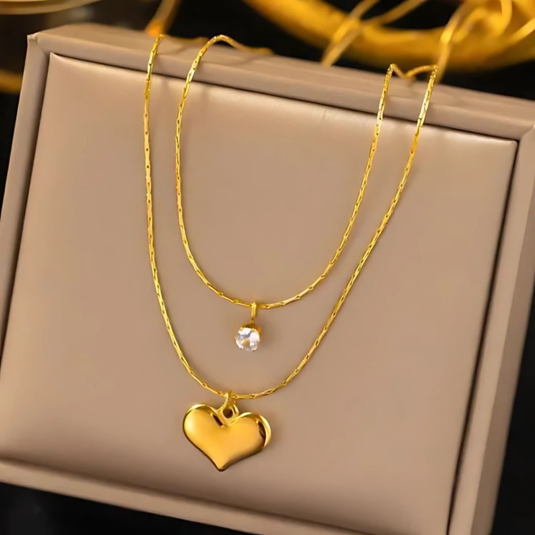 Crystal Heart Double Layered Necklace | Anti-tarnish | Stainless Steel