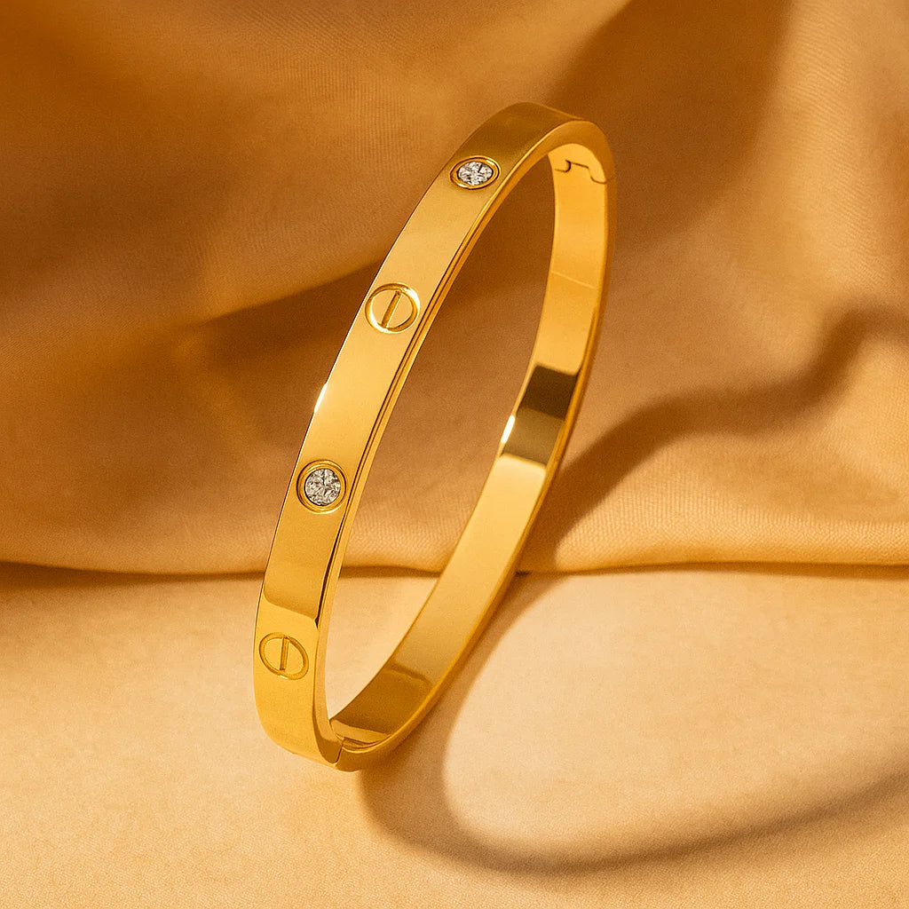 Elegant Gold Stone Cubic Zirconia Crystal Stainless Steel Bangle Bracelet