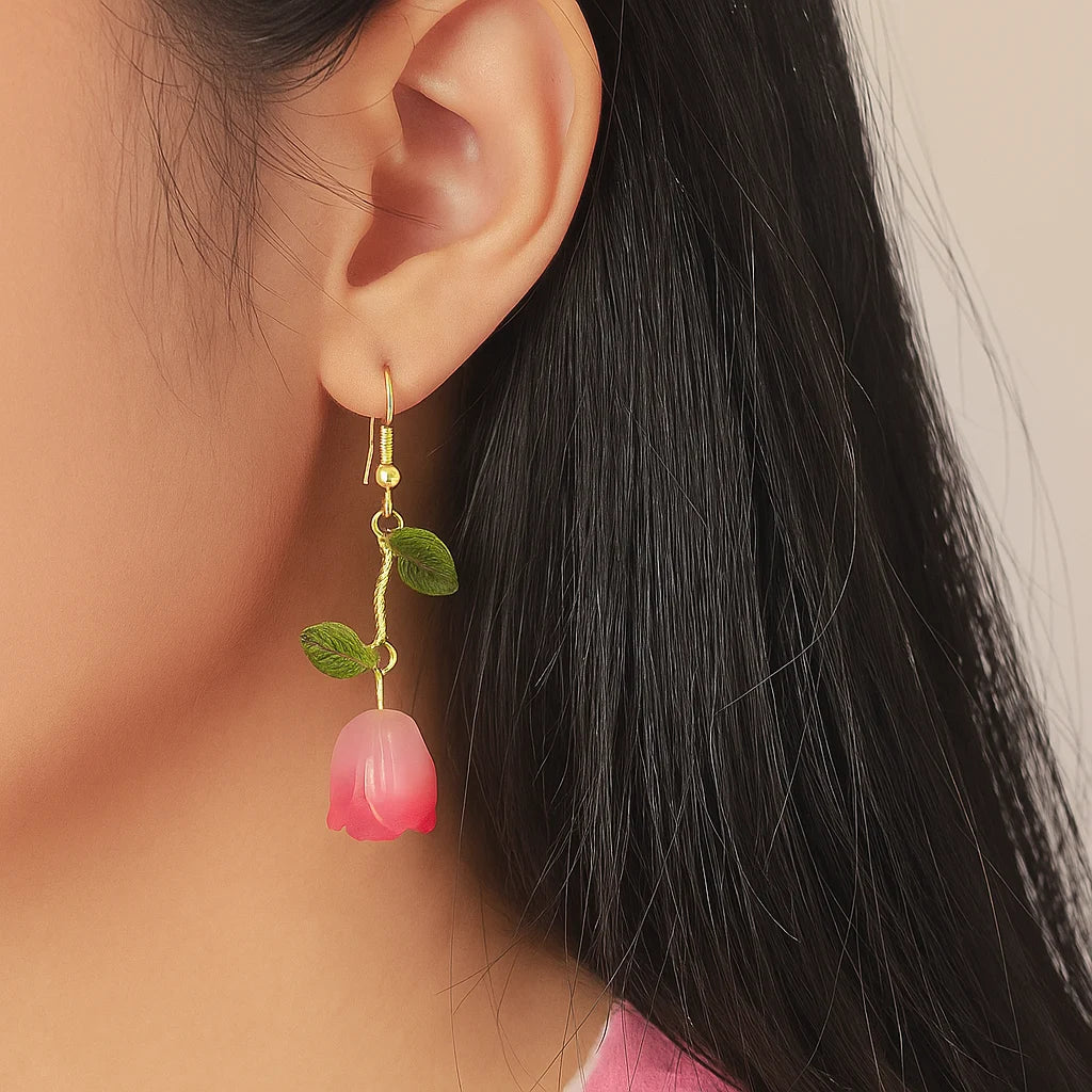 Hanging Pink Tulip Earrings – Floral Drop, Lightweight On Model