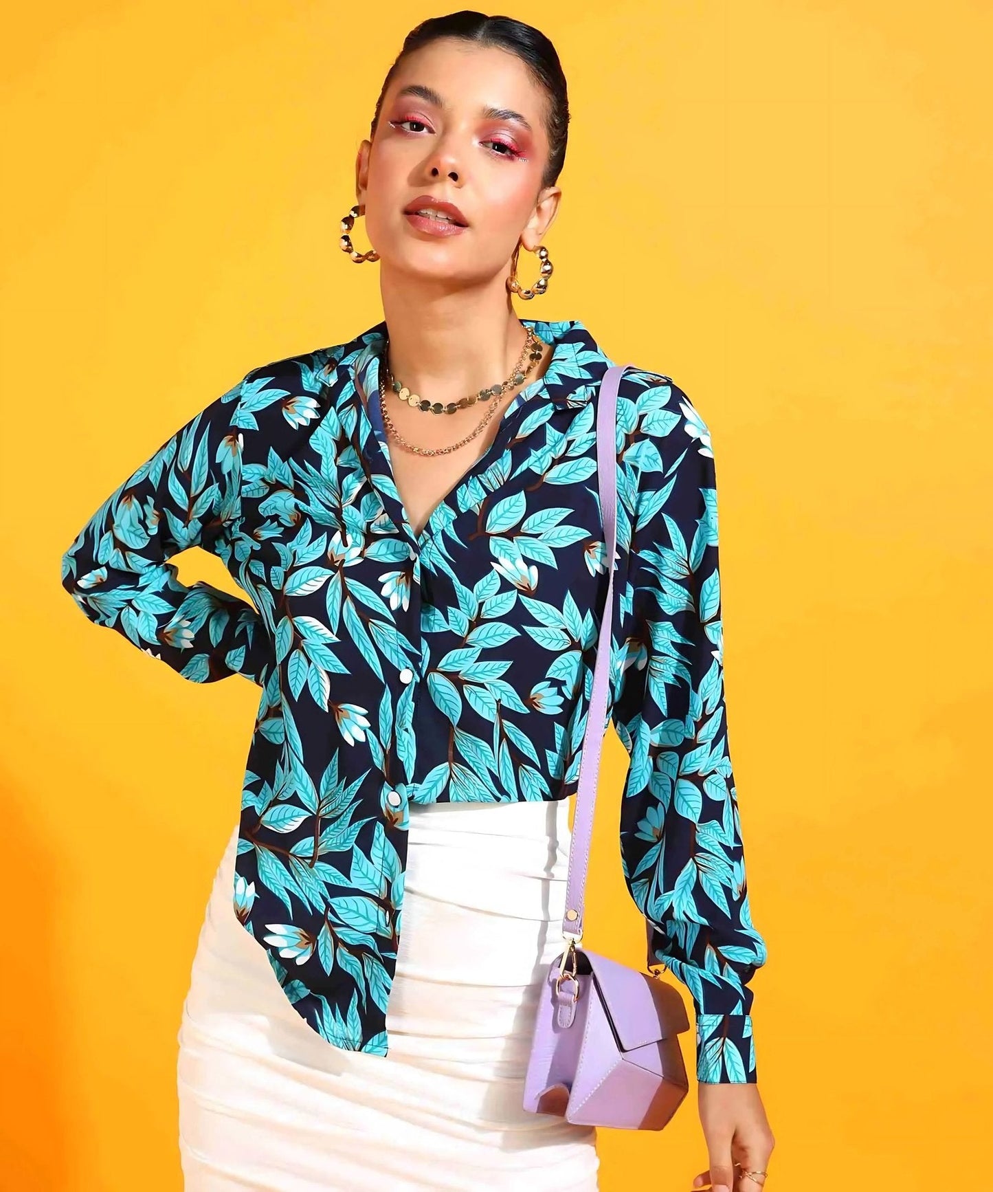 Navy Blue Leaf Print Full Sleeve Shirt