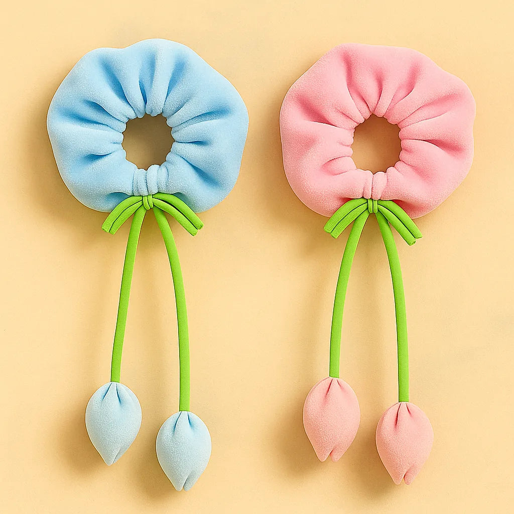 Trendy Tulip Tassels Scrunchies – Pack of 2 | Soft Velvet Hair Accessories