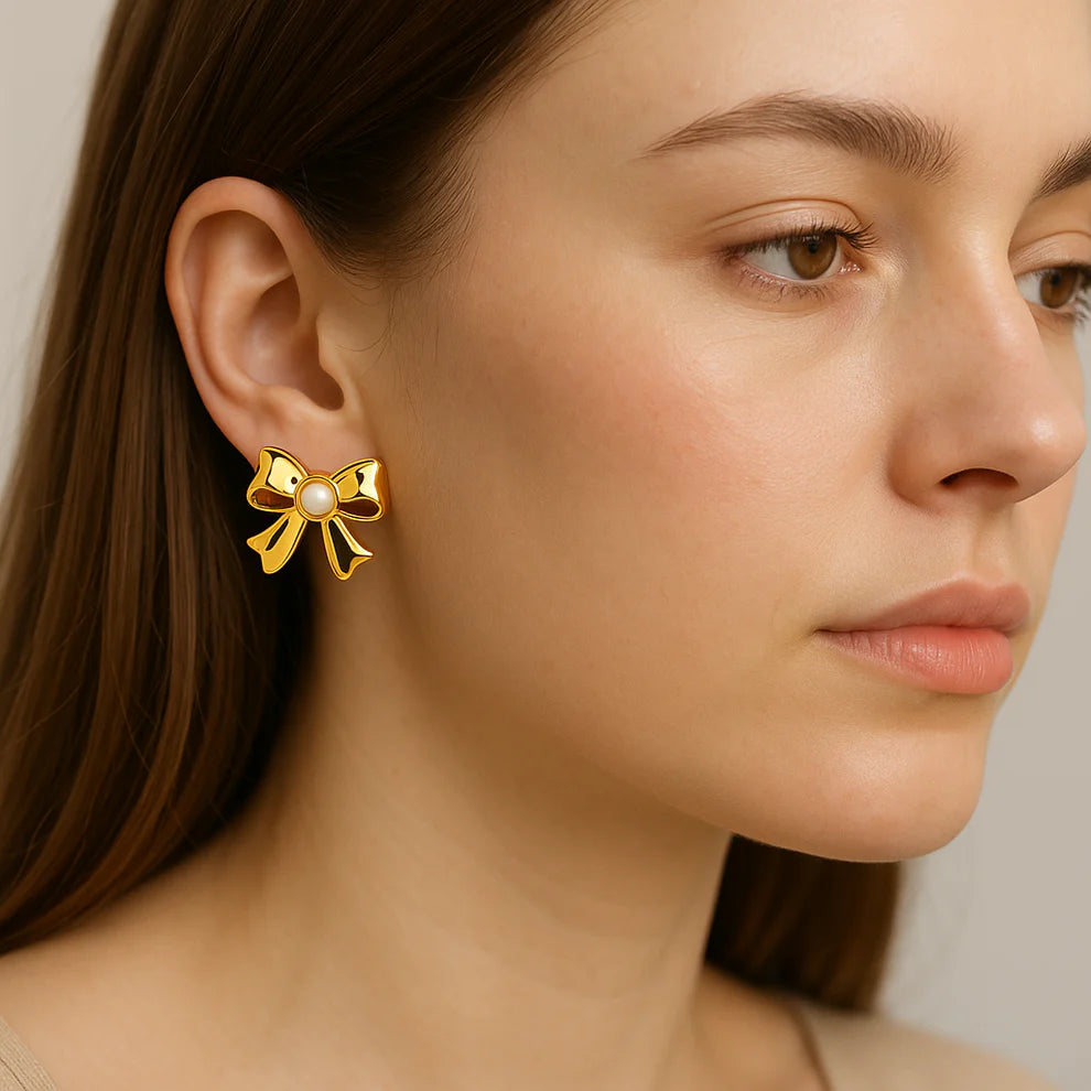 Bow pearl stud earrings for women gold plated anti tarnish