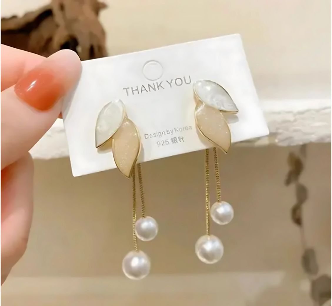 pearl leaf tassel earrings