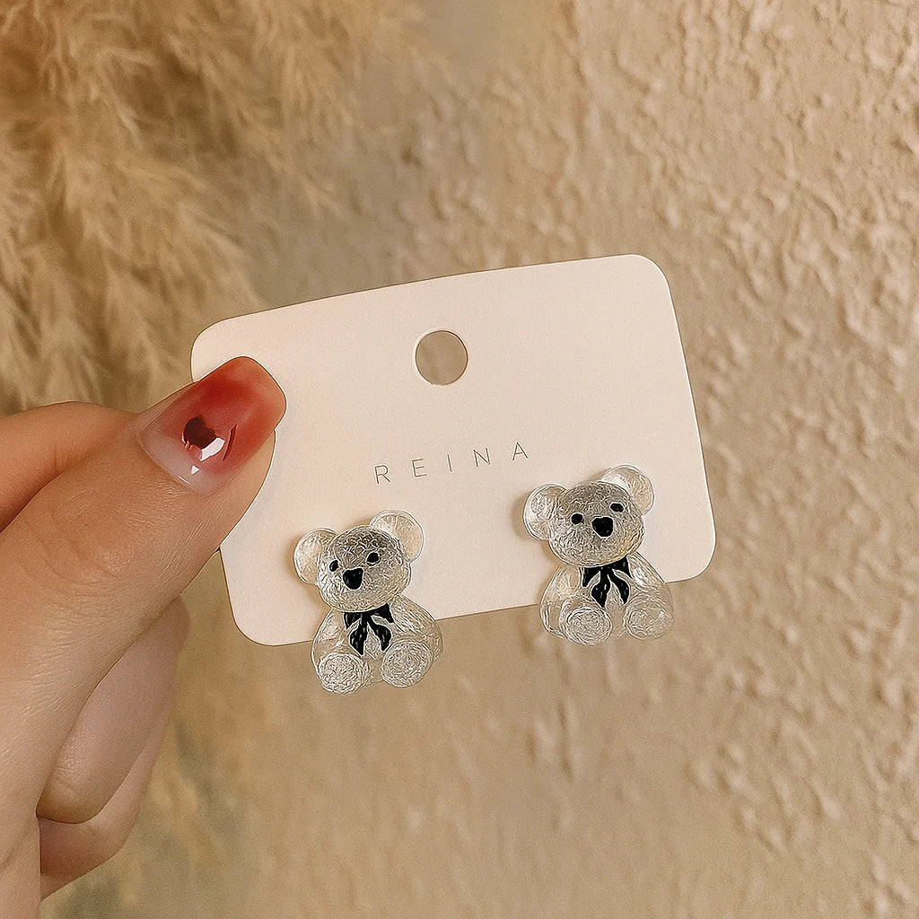 Transparent teddy bear stud earrings for women cute lightweight jewellery