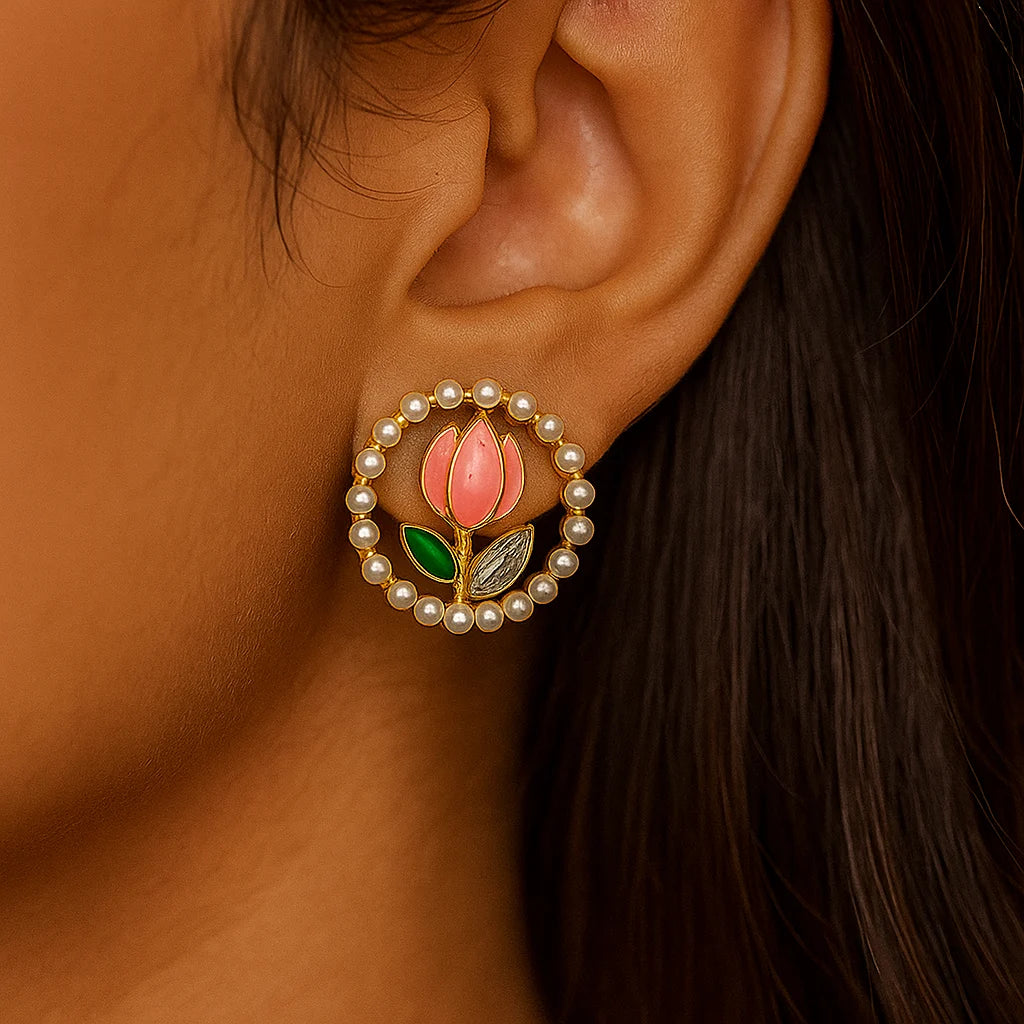 Tulip pearl stud earrings for women wearing floral gold jewellery