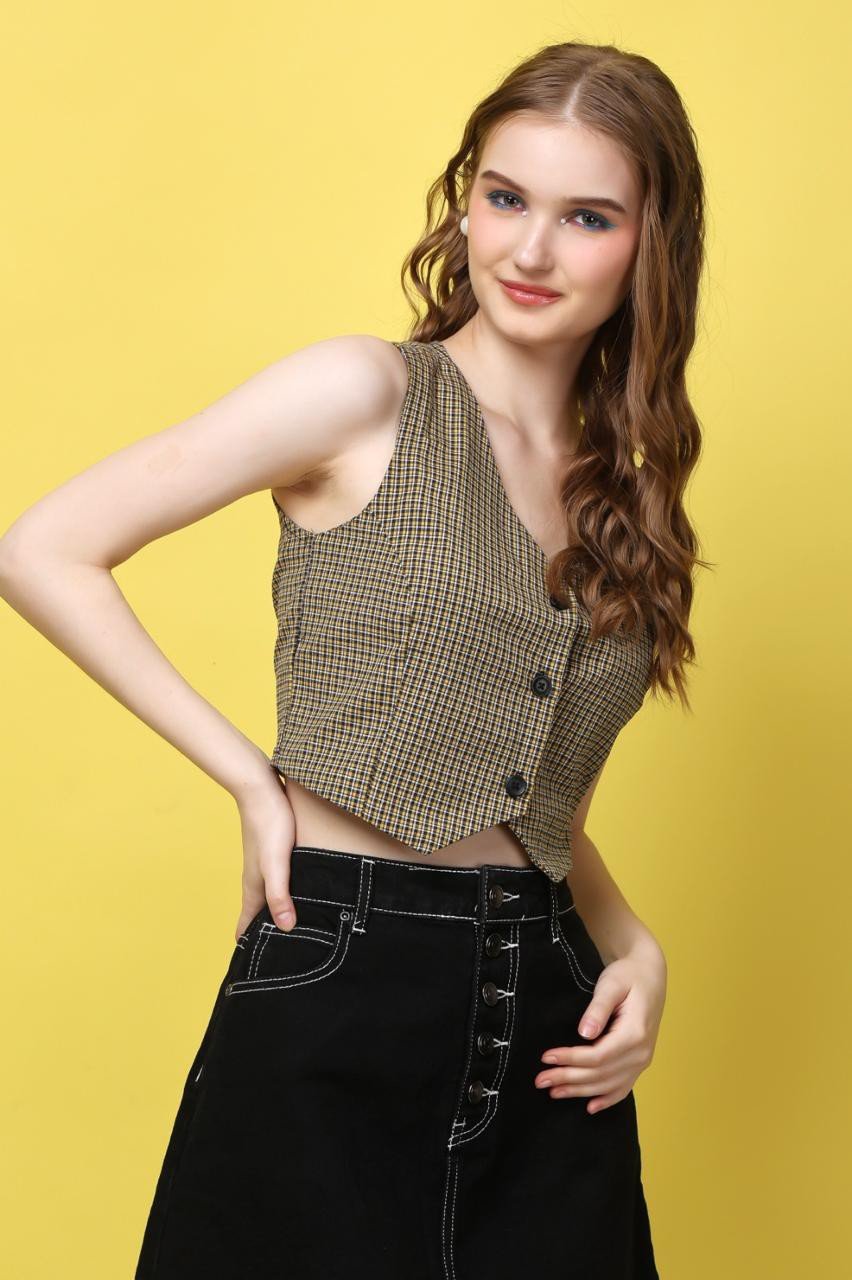 Green Checked Vest Crop Top