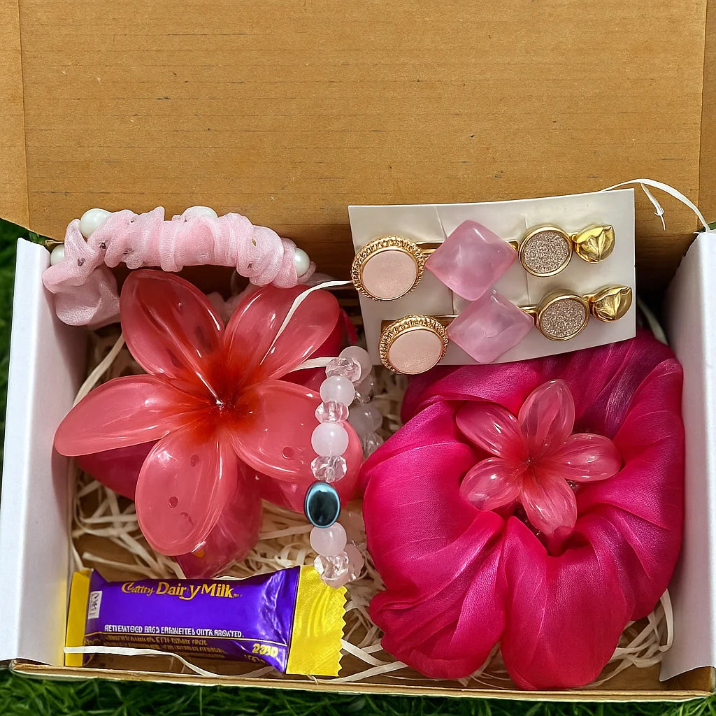Rosy Glow Gift Basic Combo Box | Pink Scrunchies Set, Claw Clip Set & Beaded Bracelet with Evil Eye Charm