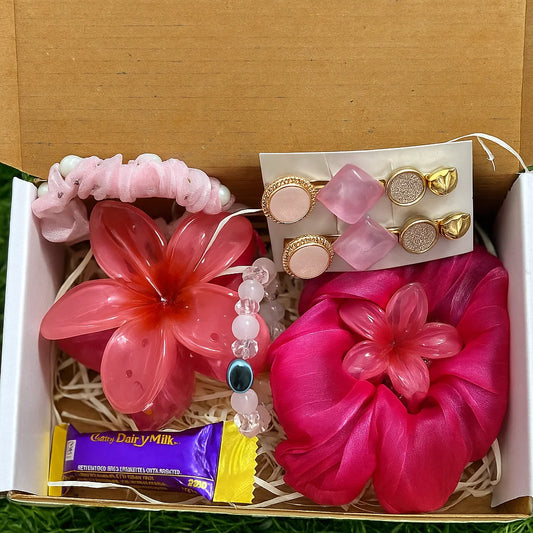 Rosy Glow Gift Basic Combo Box | Pink Scrunchies Set, Claw Clip Set & Beaded Bracelet with Evil Eye Charm