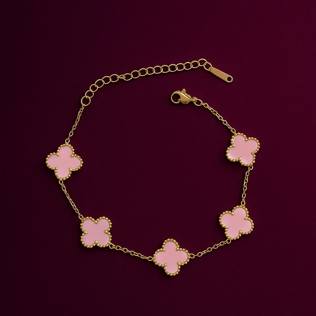 Elegant Pink Clover Bracelet – 18K Gold-Plated | Anti-Tarnish Jewelry