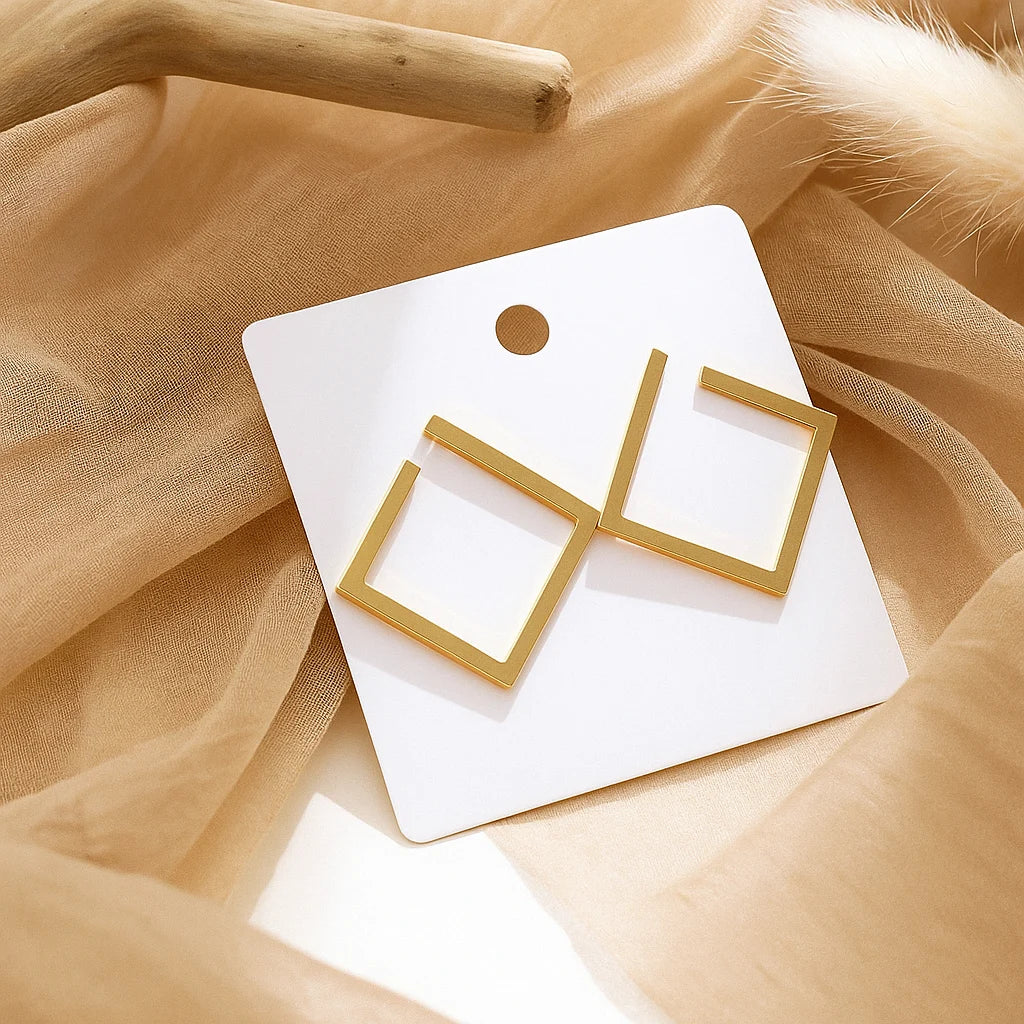 Gold Square Dangle Hoop Earrings – Geometric Hollow Minimalist Chunky Drop Earrings