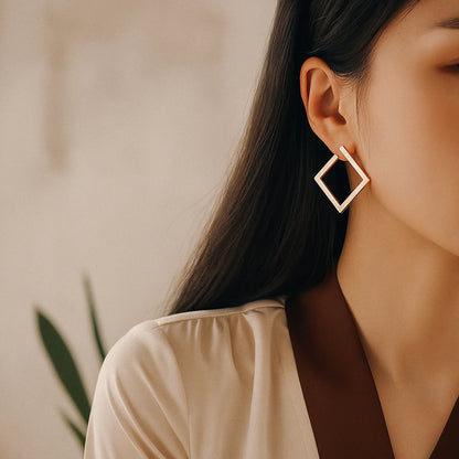 Gold Square Dangle Hoop Earrings – Geometric Hollow Minimalist Chunky Drop Earrings