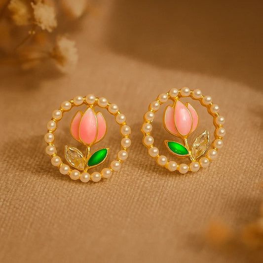 Elegant Tulip in Pearl Round Earrings for Women & Girls