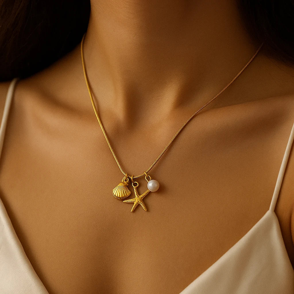 Anti-Tarnish Gold Starfish Shell Pearl Pendant Necklace on model