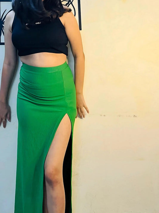 Black Tank Crop Top & Green Rib Long Skirt