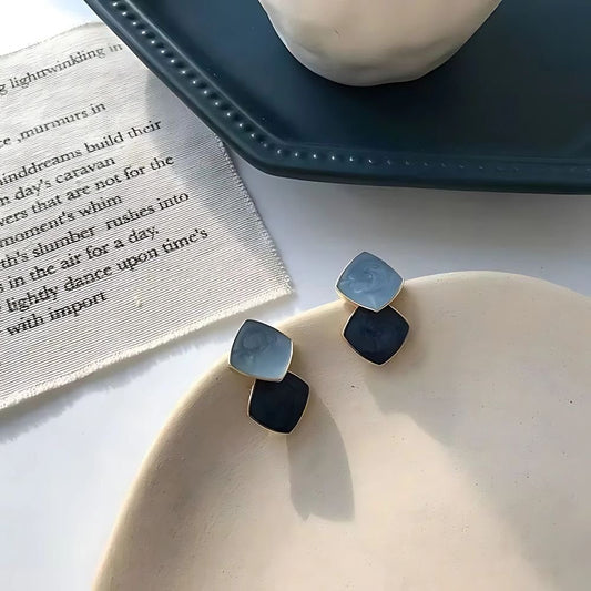 Blue Dual Tone Enamel Geometric Earrings