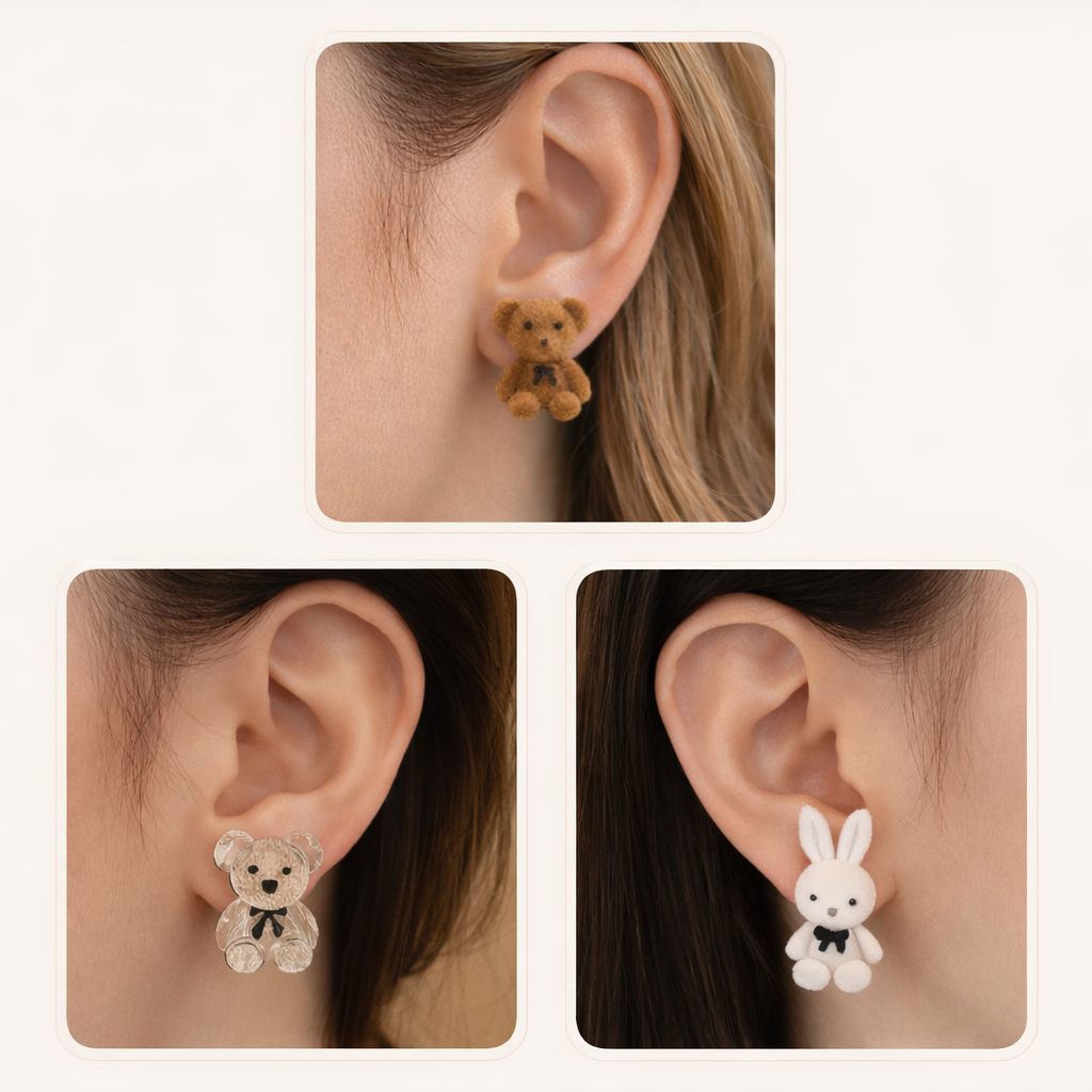 Cute Bear Earrings Combo – Brown Teddy, Transparent Teddy & Bunny Studs