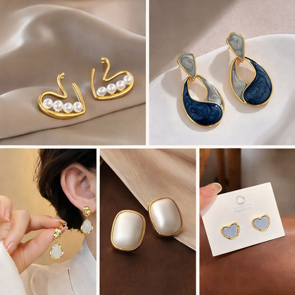 Elegant Everyday Earrings Combo – Swan Pearl, Enamel Drop, Opal Drop, Pearl Stud & Blue Heart - Set of 5