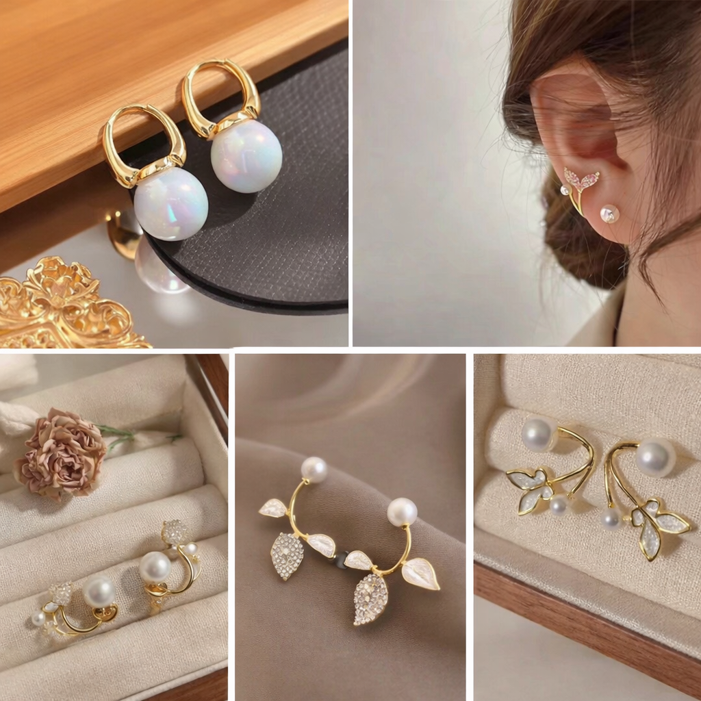 Elegant Pearl & Gold Earrings Combo – Premium Korean Style Set of 5