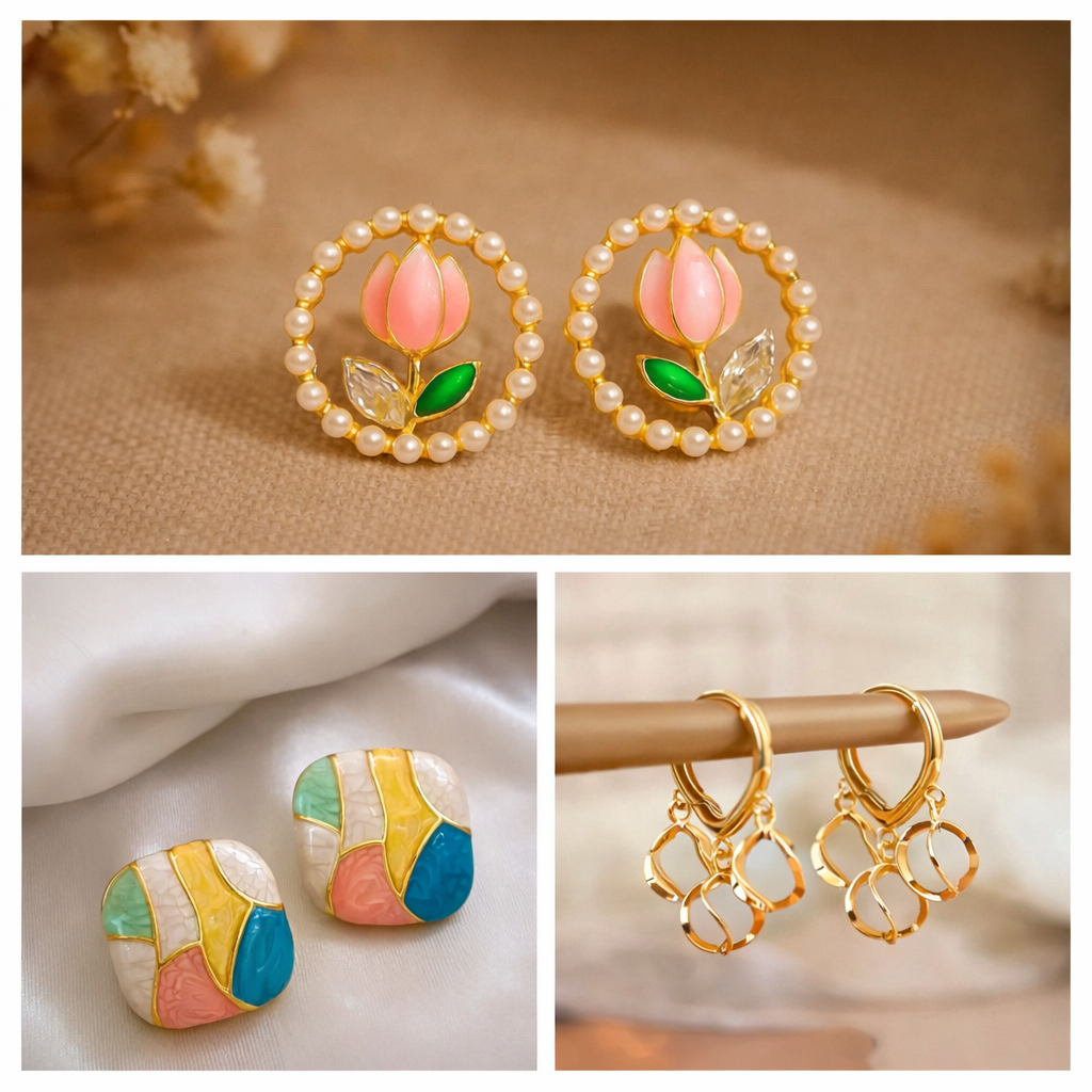 Pastel Pearl & Enamel Korean Earrings Combo – Set of 3