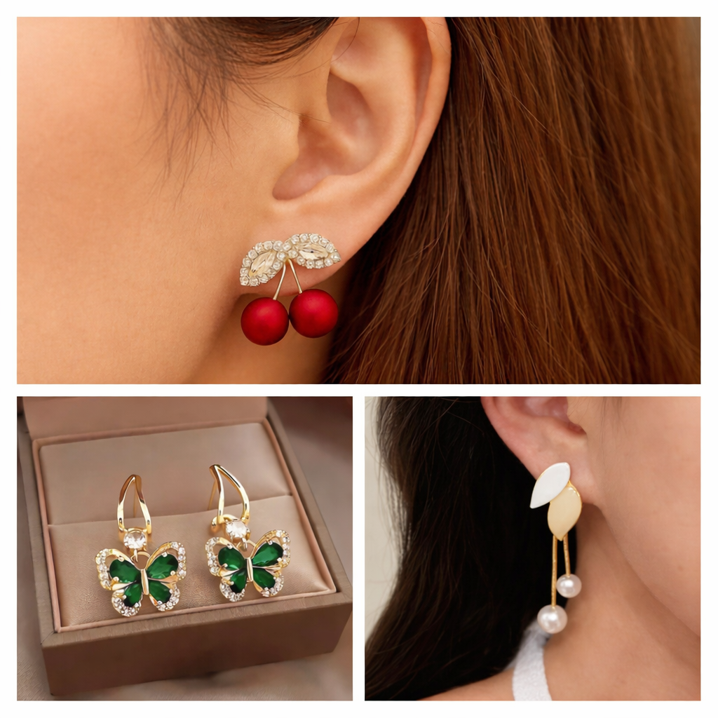 Elegant Charm Trio Earrings Combo – Pearl Leaf, Emerald Drop & Cherry Studs
