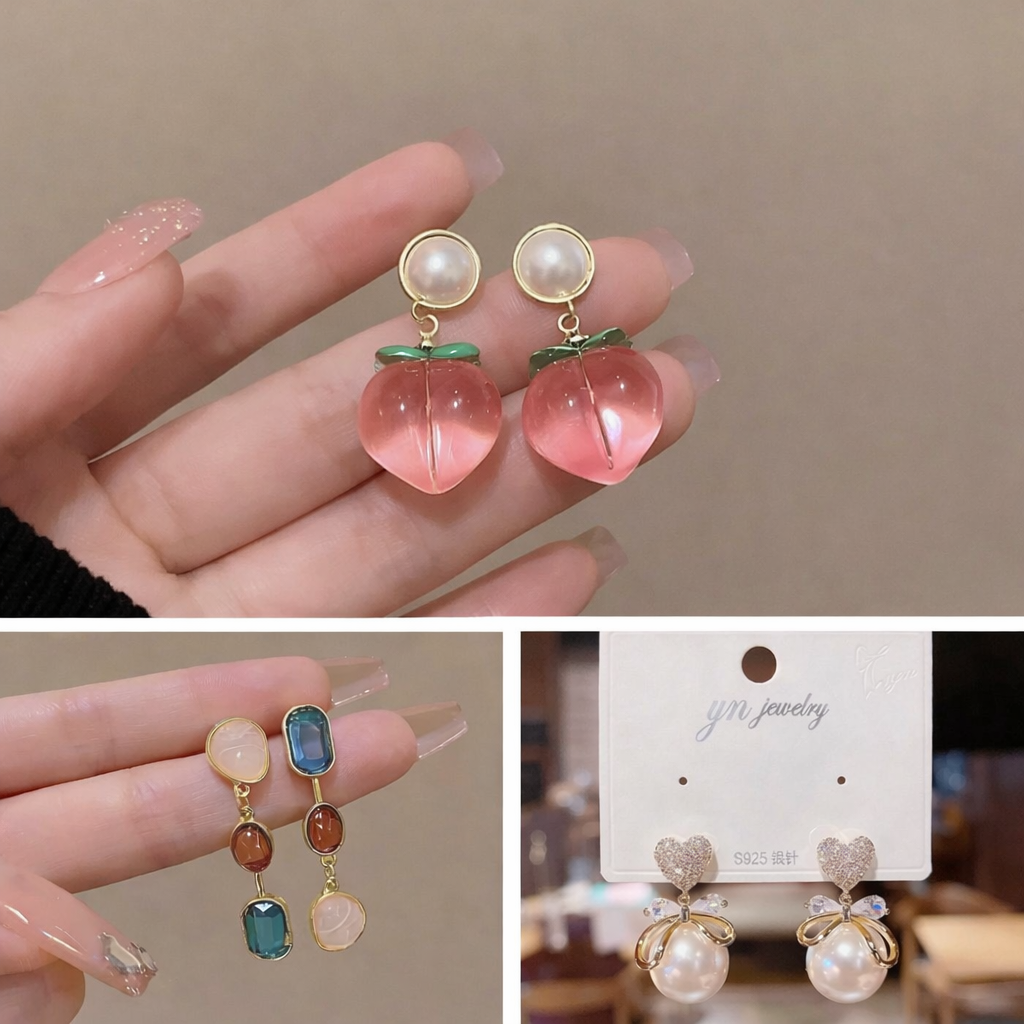Peach Drops, Heart Bow Pearls & Gemstone Dangles - Set of 3