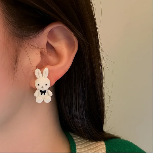 Cute Teddy Bear Rabbits Korean Earrings on model