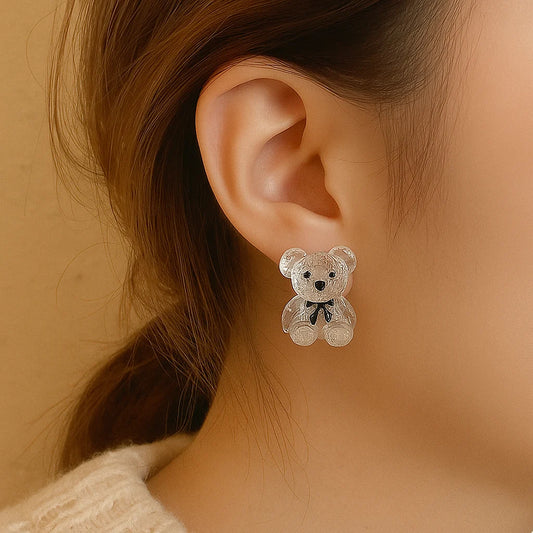 Cute Transparent Teddy Bear Earrings on model