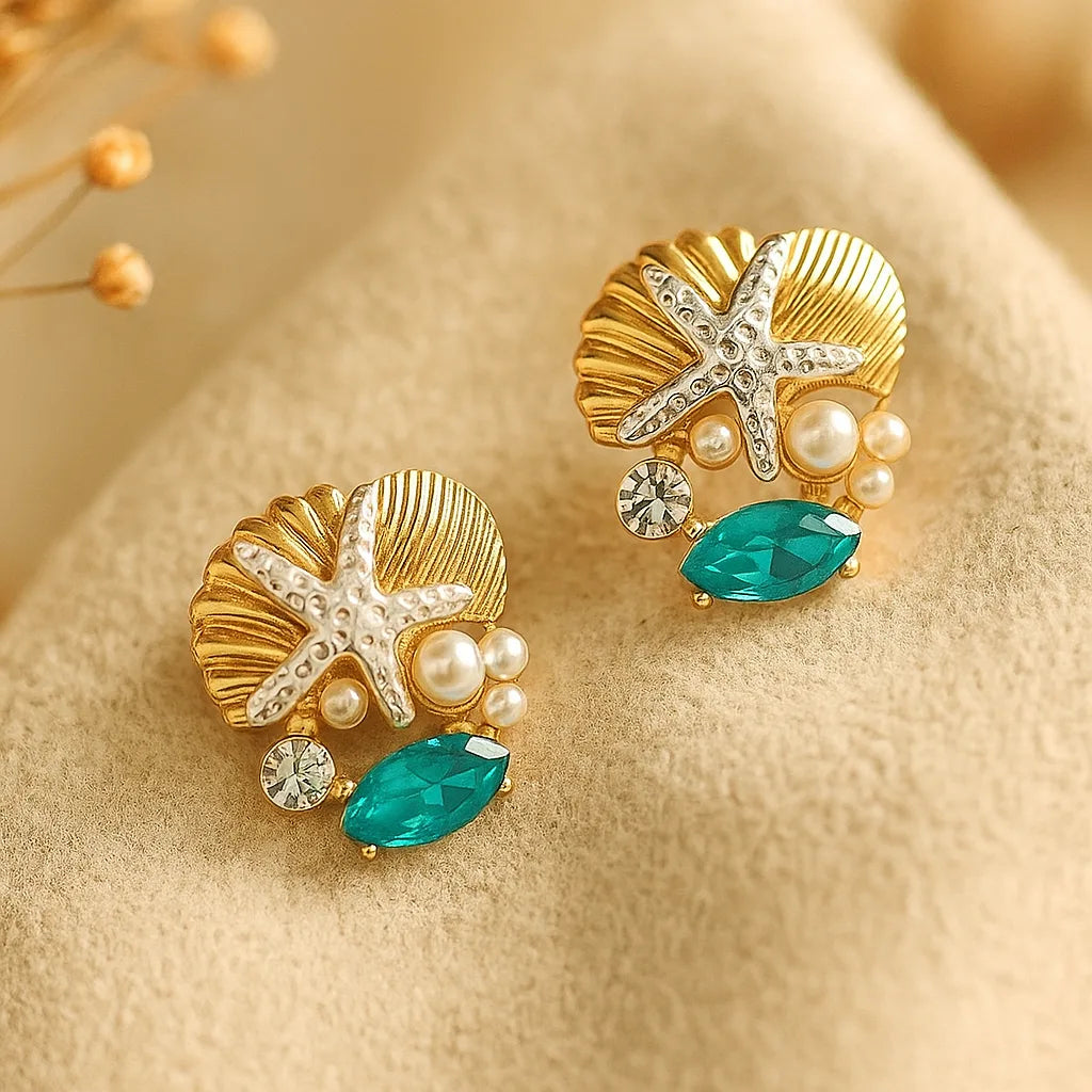 Elegant Golden Starfish Shell and Pearl Earrings