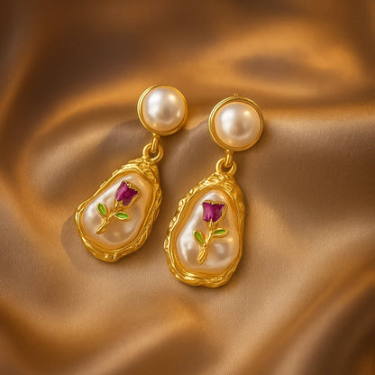 Floral Gold Pearl Drop Earrings for Women