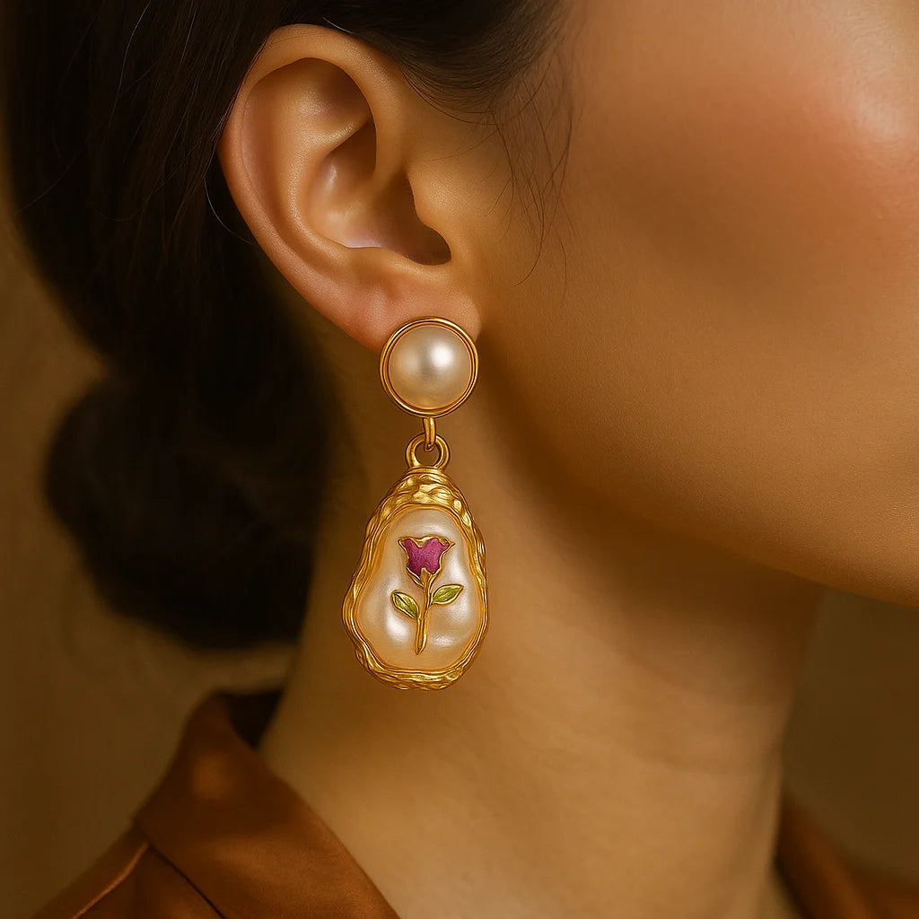 Floral Gold Pearl Drop Earrings for Women on model