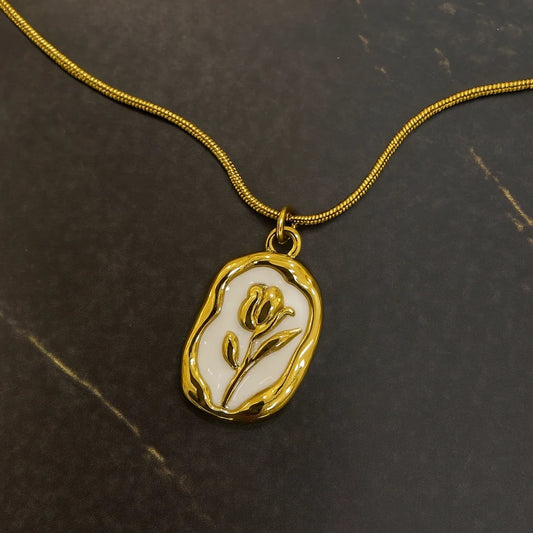 Gold-Plated White Enamel Rose Pendant