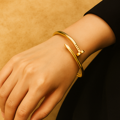 Gold Stainless Steel Nail Screw Bangle Bracelet on hand