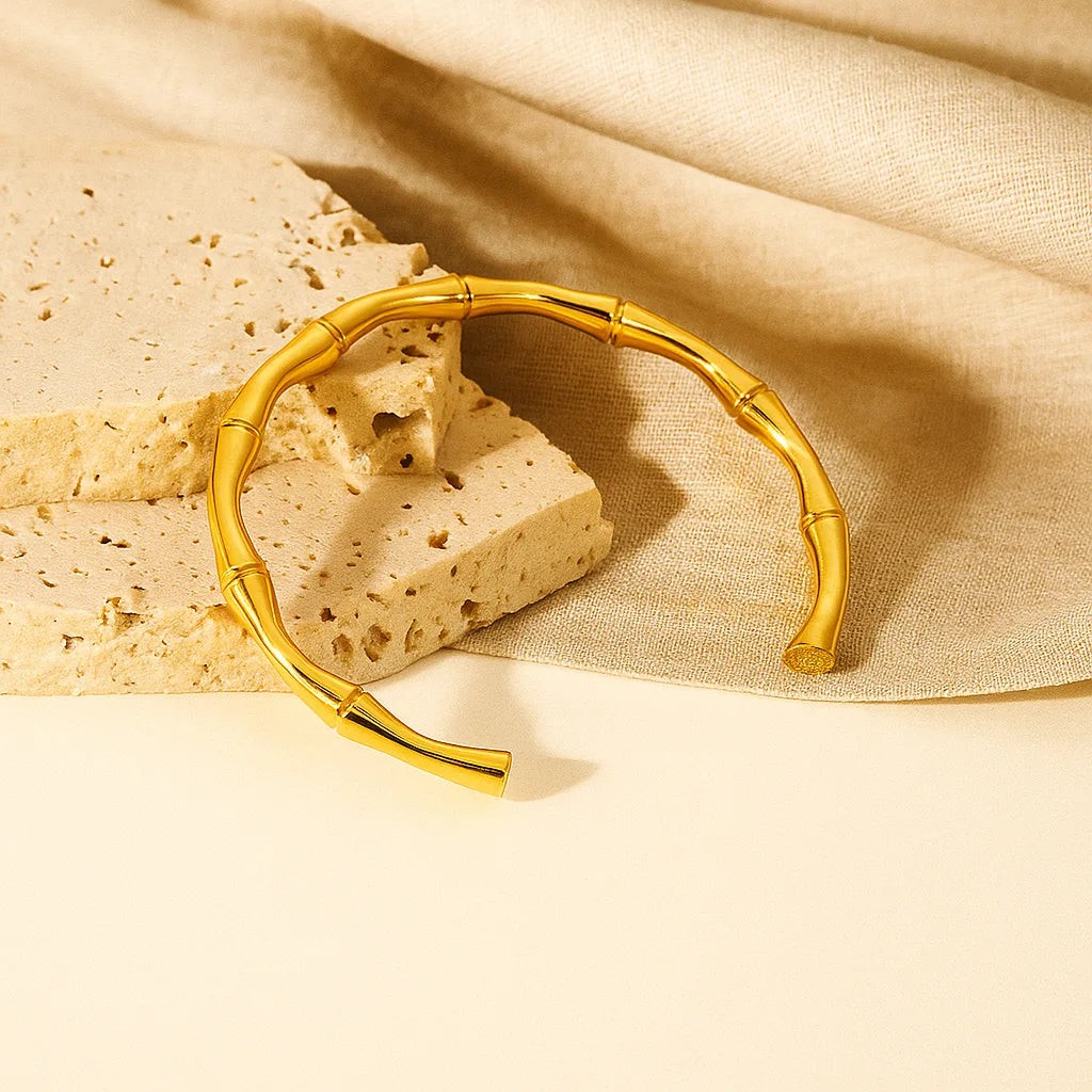Golden Bamboo Textured Open Cuff Bracelet for Women