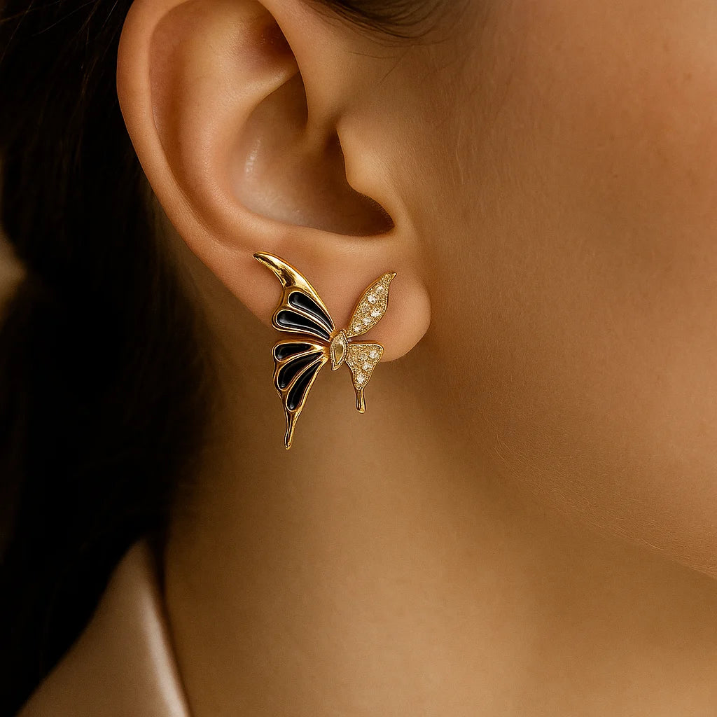 Golden Black Rhinestone Butterfly Earrings on model