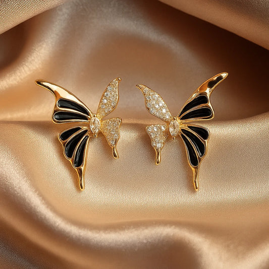 Golden Black Rhinestone Butterfly Earrings