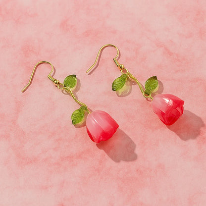 Hanging Pink Tulip Earrings – Floral Drop, Lightweight