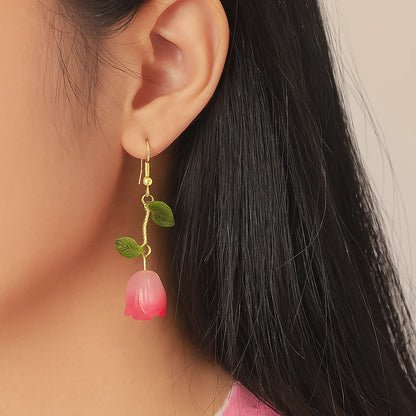 Hanging Pink Tulip Earrings – Floral Drop, Lightweight On Model