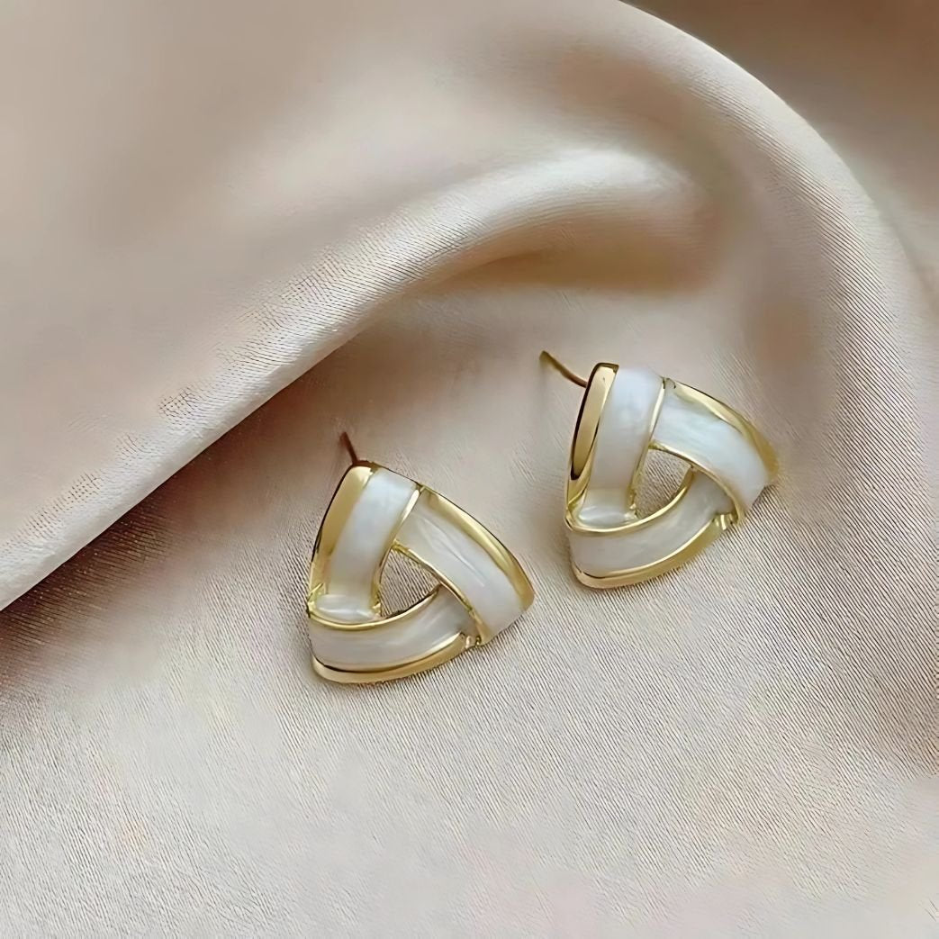 Korean Triangle Shape White & Golden Stud Earrings