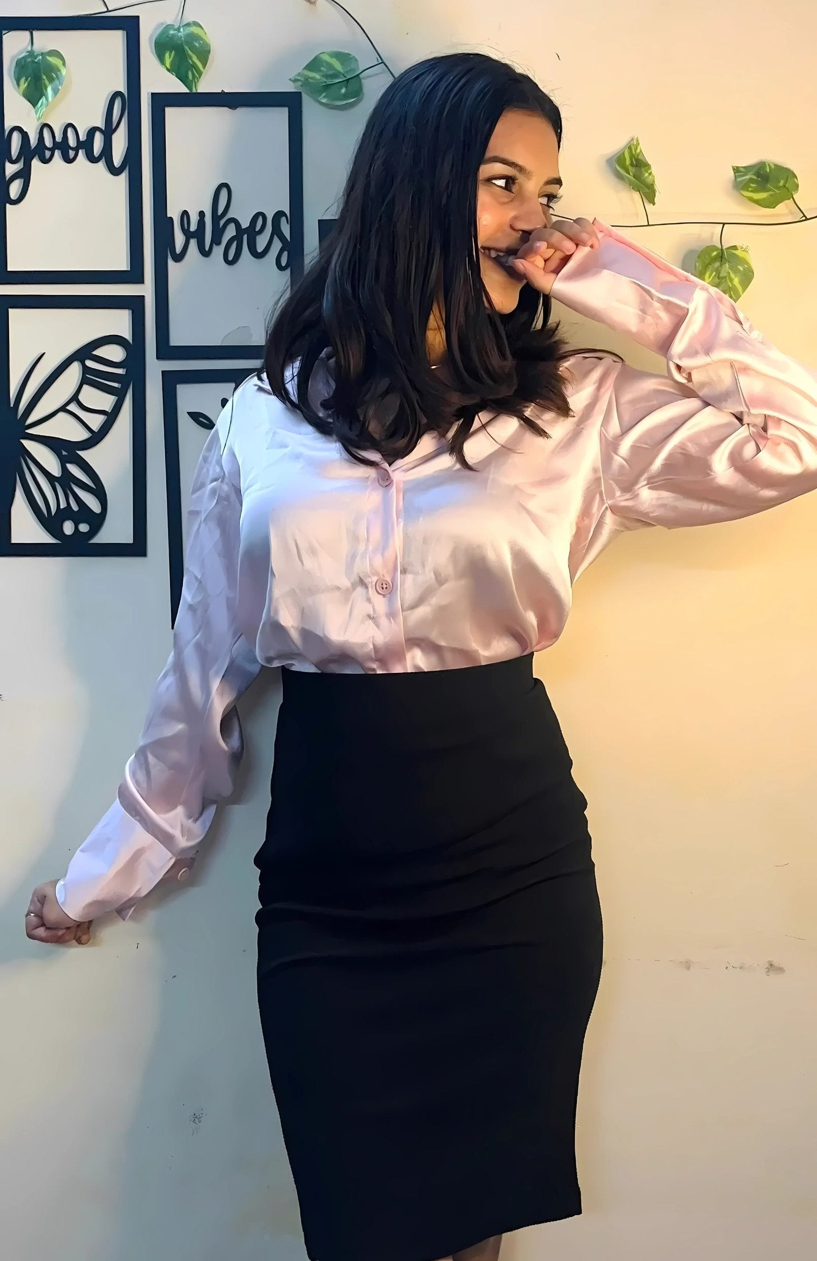 Light Pink Satin Shirt & Black Hosiery Skirt