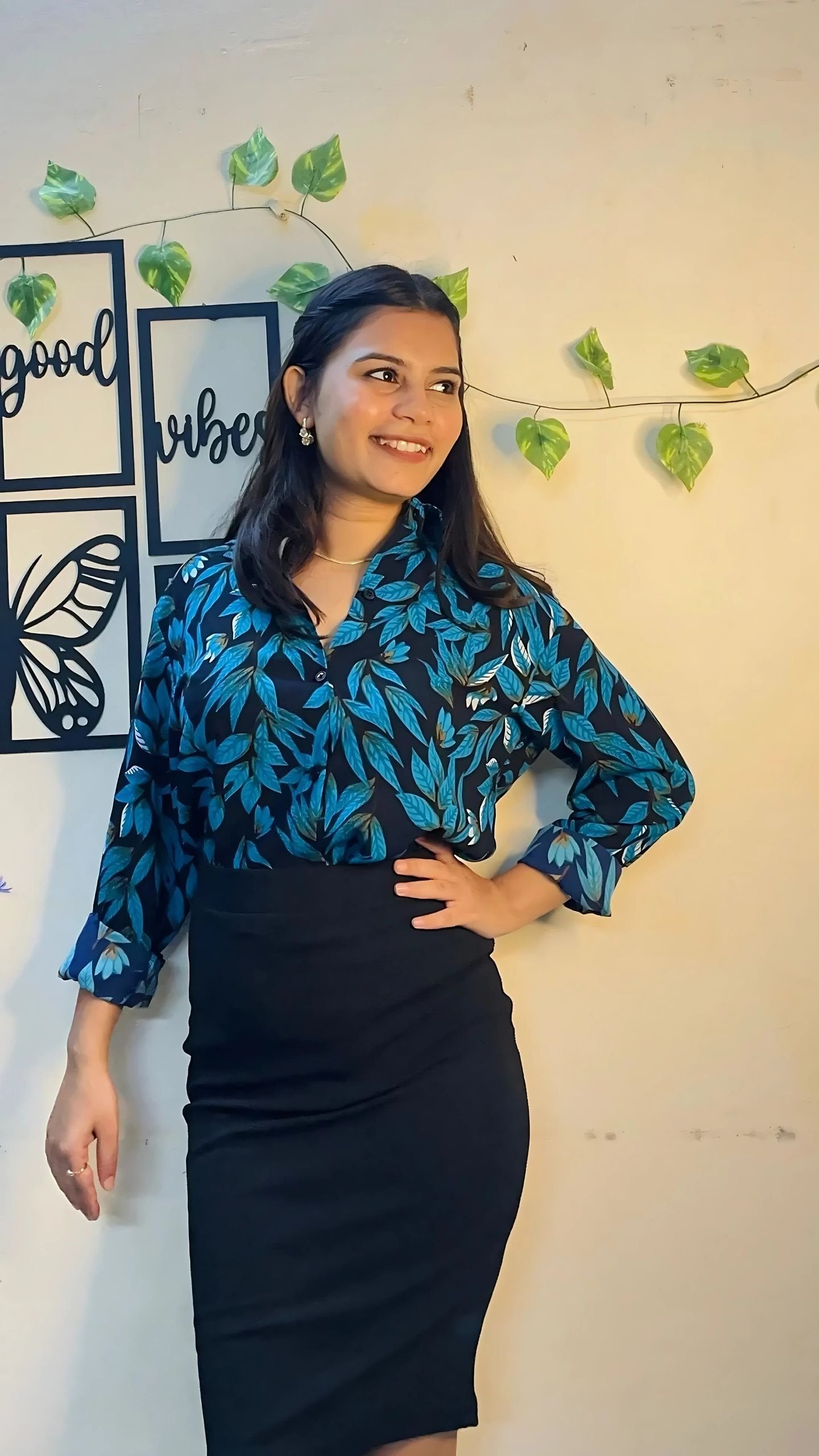 Navy Blue Print Full Sleeve Shirt & Black Hosiery Skirt