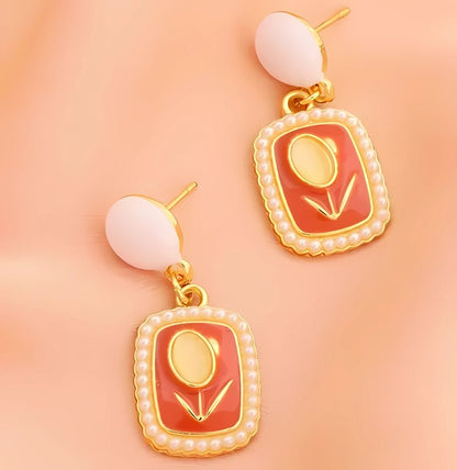 Orange Faux Pearl Tulip Opal Drop Earrings
