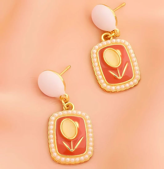 Orange Faux Pearl Tulip Opal Drop Earrings
