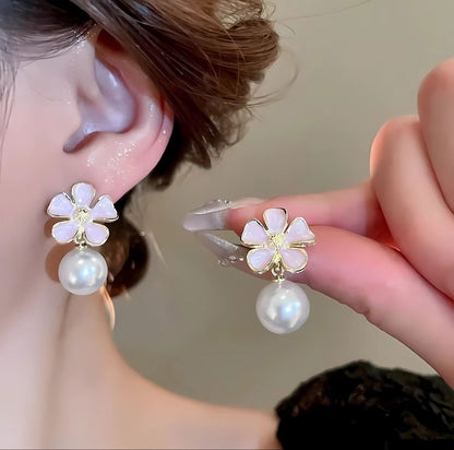 Pink Enamel Petal Flower Earrings