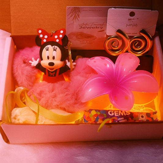 Pink Tulip Scrunchie, Flower Clutcher, Spiral Earrings & Mickey Mouse Keyring