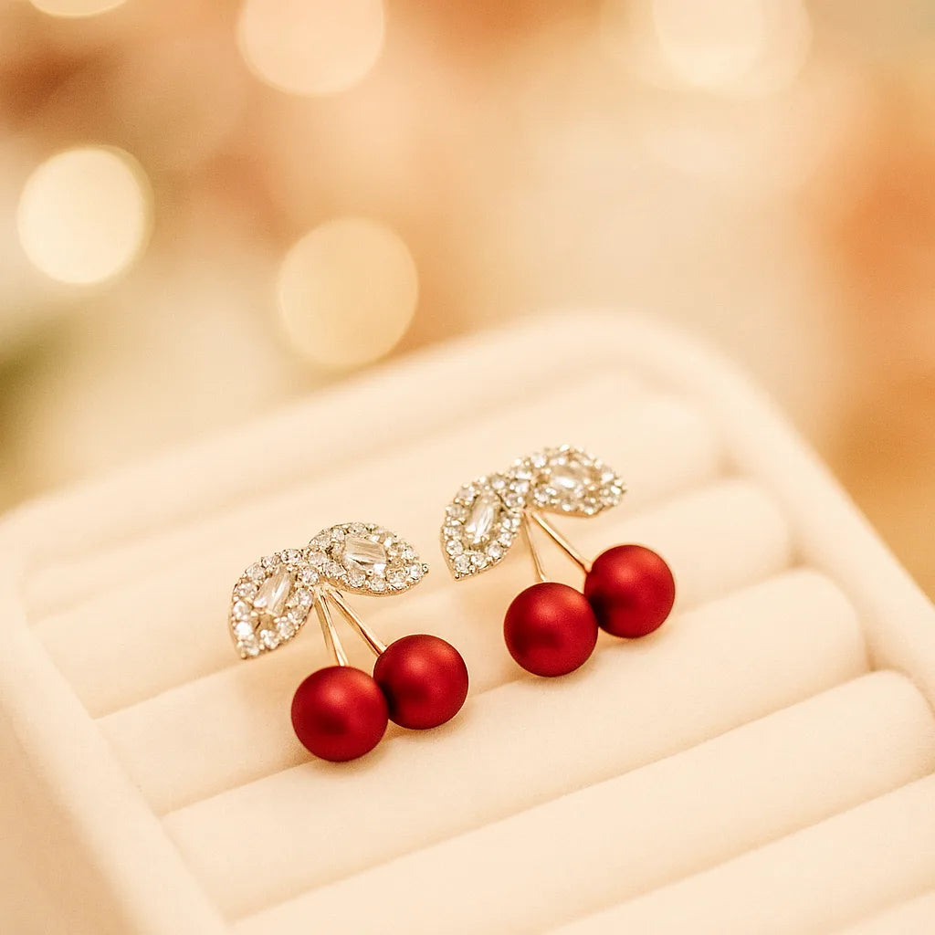 Red cherry stud earrings with rhinestone charm