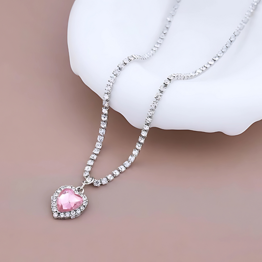 Pink Heart Stone Chain Choker Necklace