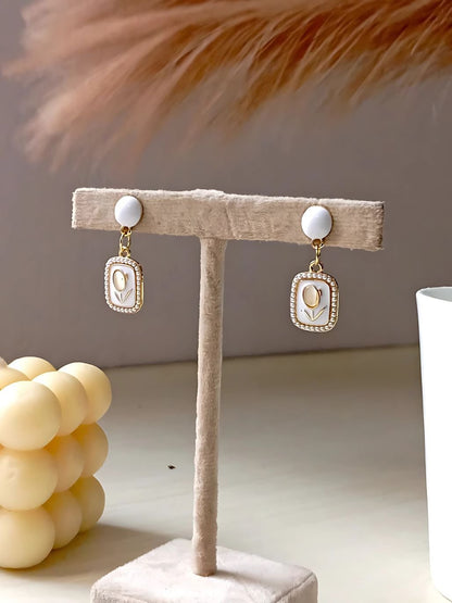 White Faux Pearl Tulip Opal Drop Earrings