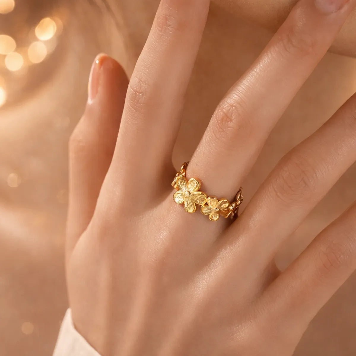 adjustable anti tarnish flower ring for women
